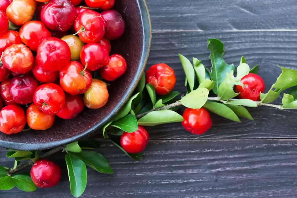 Fresh and organic acerola cherries. 