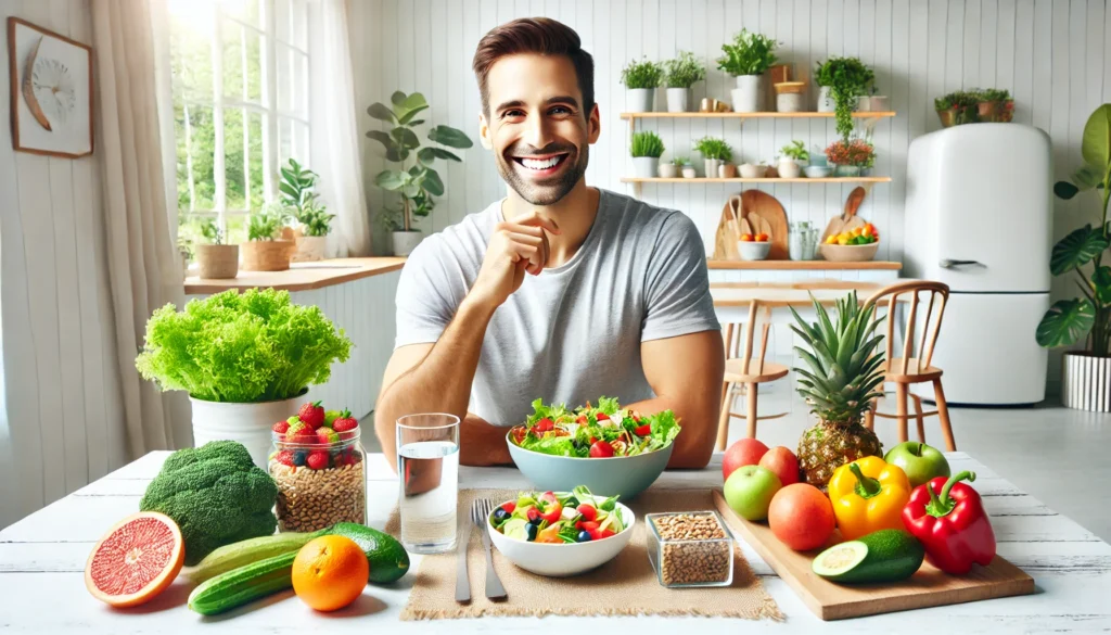 a man eating a healthy diet in a modern and vibrant setting.
