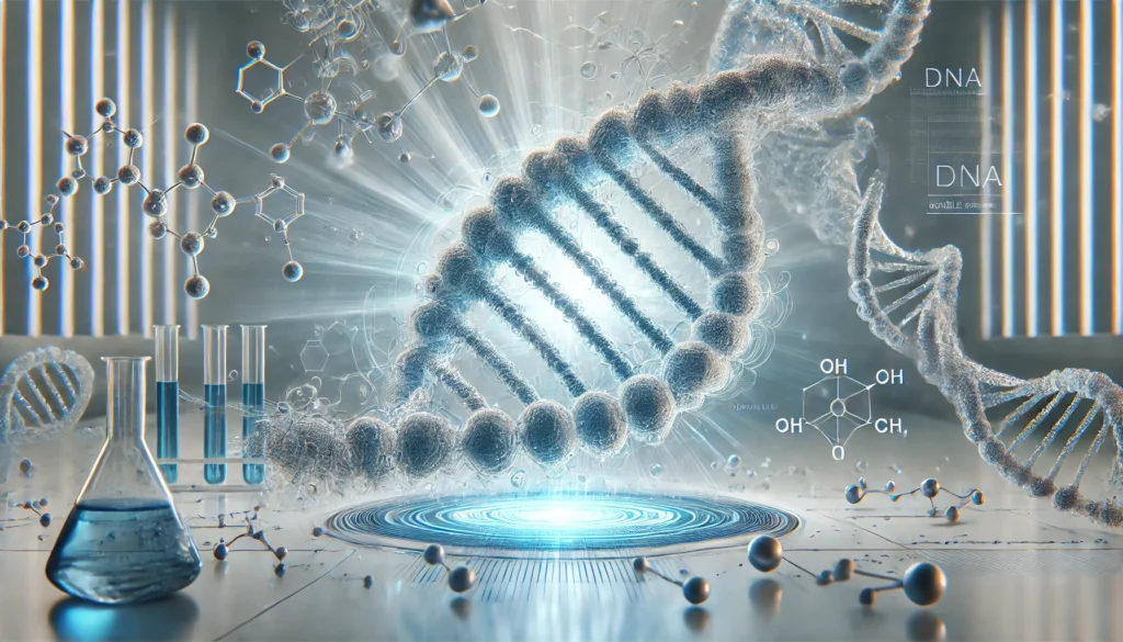 A highly detailed 3D rendering of a glowing DNA double helix floating in a sterile laboratory environment, surrounded by digital molecular structures representing advanced genetic research.