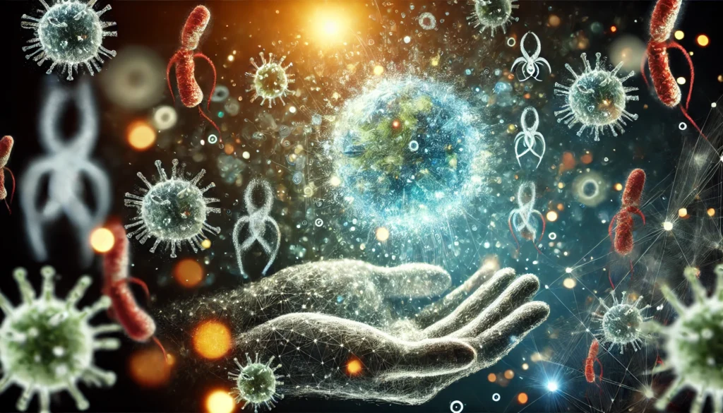 An artistic depiction of infectious disease transmission, showing microscopic virus and bacteria particles dispersing through the air. The illuminated particles emphasize contagion and airborne disease spread.