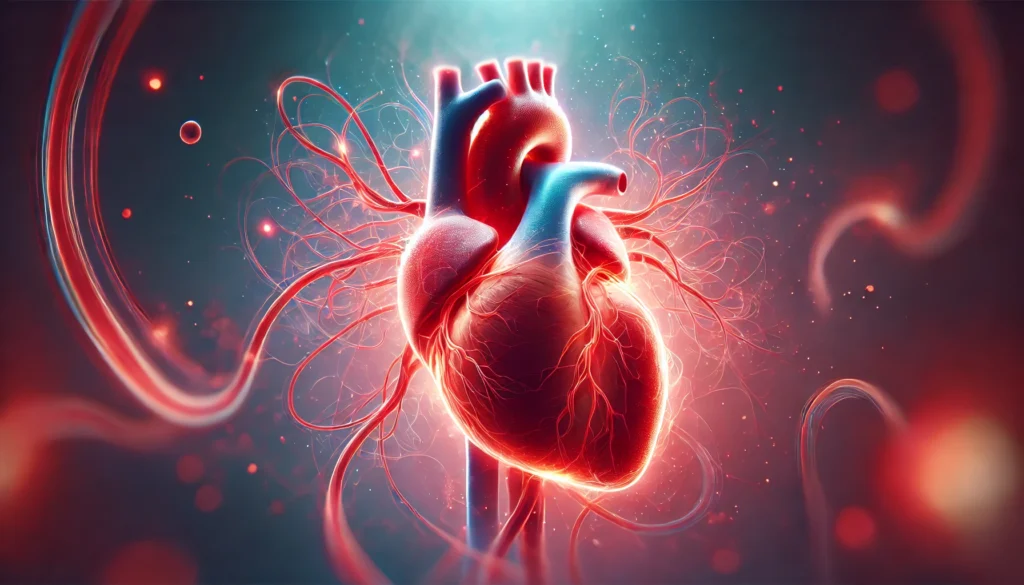 A glowing red anatomical heart with flowing blood vessels, set against a soft medical-inspired background. The image highlights cardiovascular health and optimal circulation.