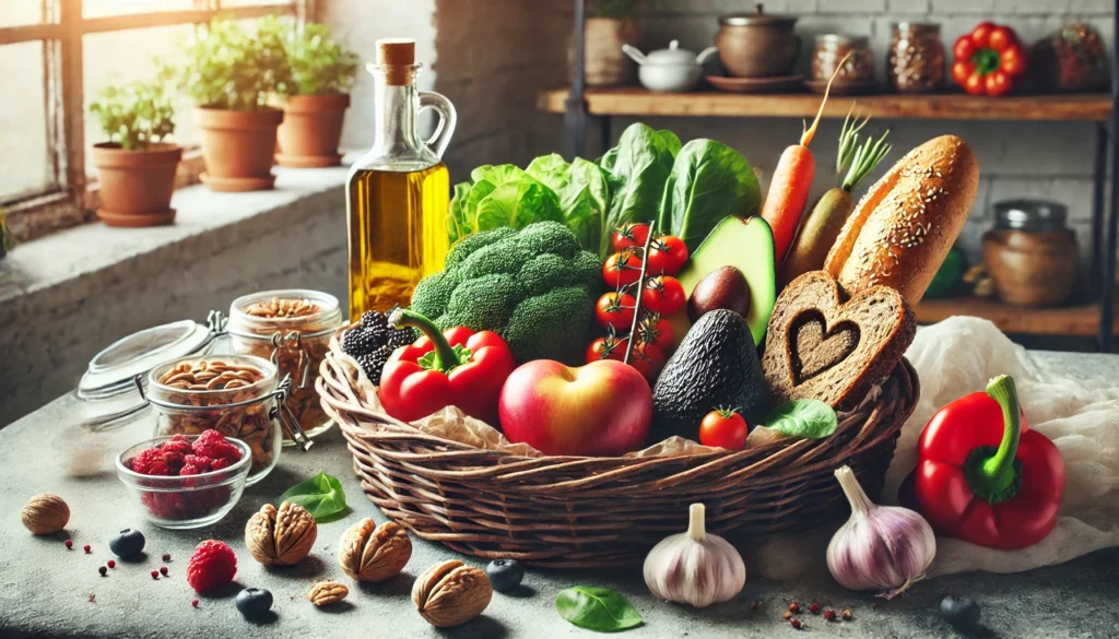 A beautifully arranged basket filled with vegetables, nuts, berries, avocados, whole grain bread, and extra virgin olive oil, promoting cardiovascular health.