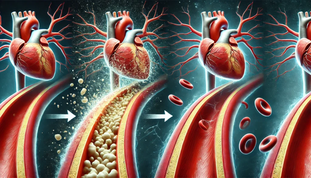 An artistic representation of an artery clearing plaque, featuring a split view with one side showing a blocked artery and the other depicting a clean artery with smooth blood flow, symbolizing improved cardiovascular health.