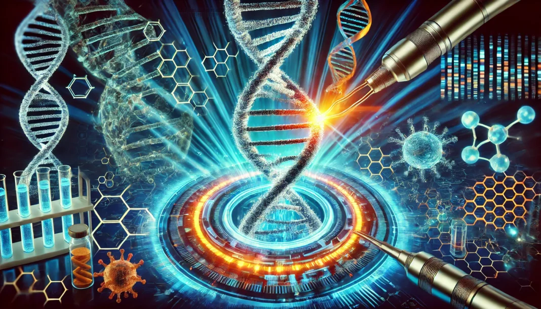 A futuristic representation of gene therapy, depicting a human DNA strand being repaired by advanced biotechnology. The glowing double-helix is surrounded by high-tech molecular tools in a vibrant, neon-lit laboratory environment.