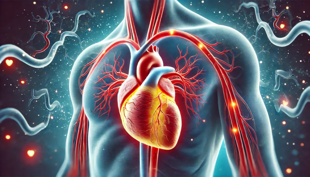 A medical illustration of a human heart with highlighted arteries showing plaque buildup, depicting restricted blood flow and cardiovascular complications associated with coronary heart disease.