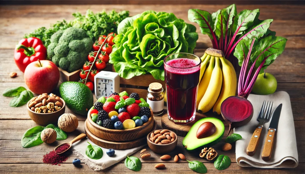 A beautifully arranged selection of blood pressure-friendly foods, including leafy greens, avocados, berries, bananas, nuts, and a glass of beet juice on a rustic wooden table. The natural lighting enhances the fresh and nutritious appeal.