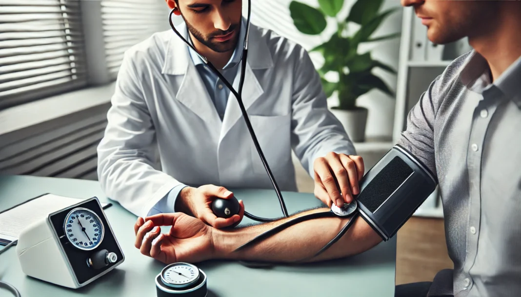 A doctor measuring a patient’s blood pressure using a sphygmomanometer in a clinical setting. The patient’s arm rests on the table while the doctor adjusts the cuff, symbolizing hypertension diagnosis and monitoring.