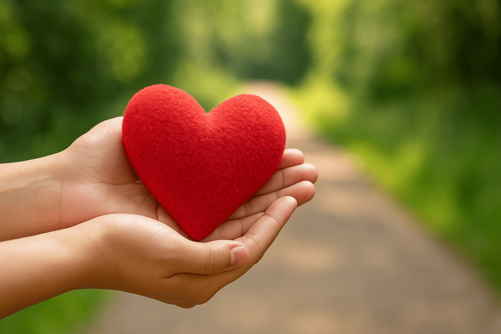 Close-up of hands gently holding a soft red heart with a blurred background of a sunlit path and lush green foliage, symbolizing natural heart health and holistic cardiovascular care.