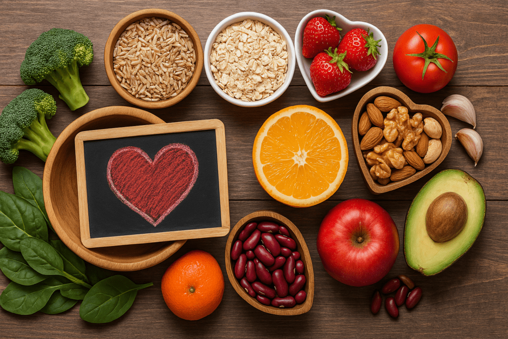 A photograph features an assortment of fresh fruits, vegetables, whole grains, legumes, and nuts arranged around a small chalkboard with a red heart drawing, symbolizing a heart-healthy diet to naturally reduce cardiovascular age.