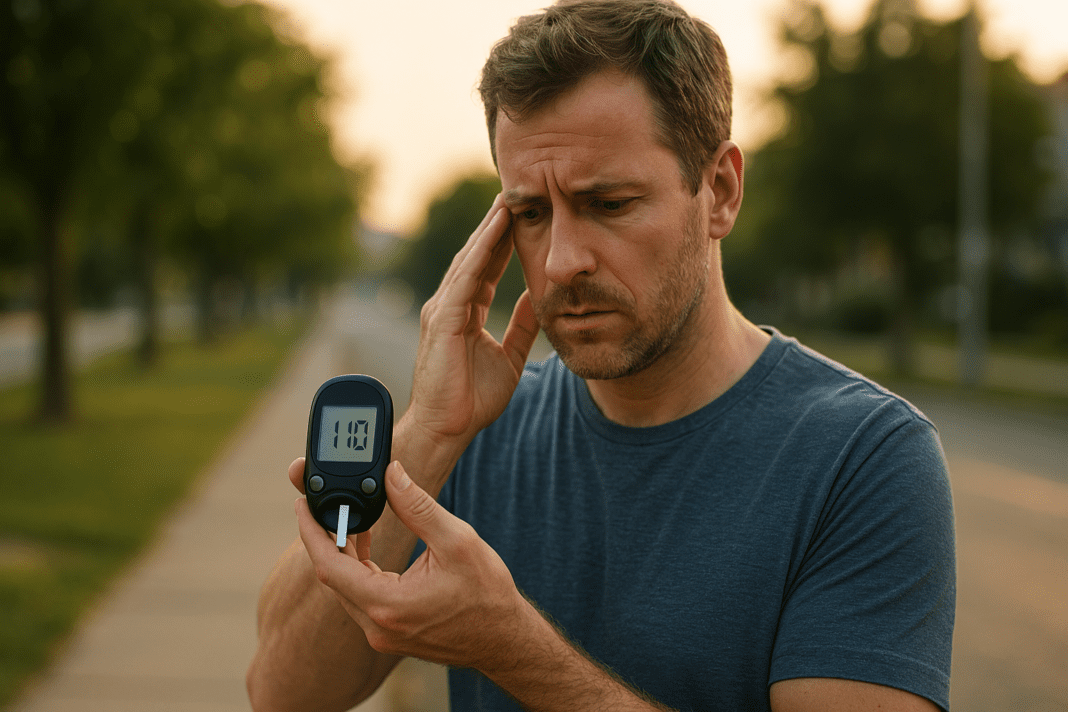A photorealistic image of a middle-aged man standing outdoors on a quiet suburban sidewalk in soft morning light, carefully examining a glucometer. The scene evokes concern and awareness about sugar intake and type 2 diabetes risk, with the natural light and environment emphasizing the importance of daily health monitoring.
