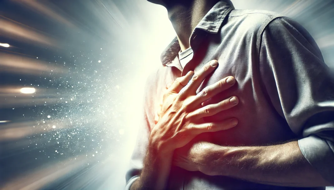 A conceptual representation of breathing difficulties, depicting a person clutching their chest with a distressed expression. The background is hazy, symbolizing restricted airflow and respiratory distress.