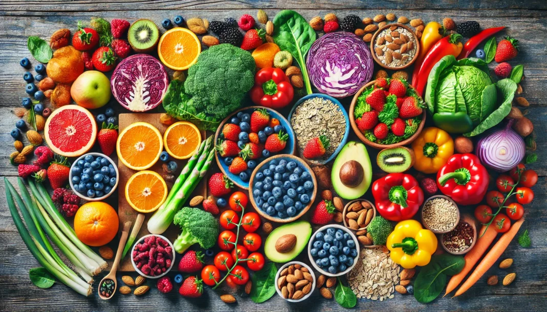 A vibrant spread of fresh fruits, vegetables, whole grains, and nuts on a rustic wooden table, showcasing nutrient-dense foods for a balanced diet.