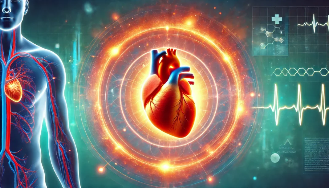 A glowing human heart surrounded by a vibrant energy field, symbolizing cardiovascular strength and vitality. The soft medical background emphasizes overall heart wellness.