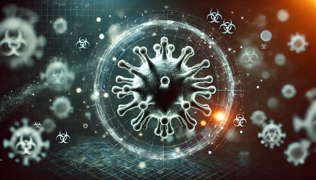 A highly detailed digital illustration of a microscopic virus particle floating in the air, symbolizing the concept of a viral pandemic. The dark background and glowing elements emphasize contagion and global impact.