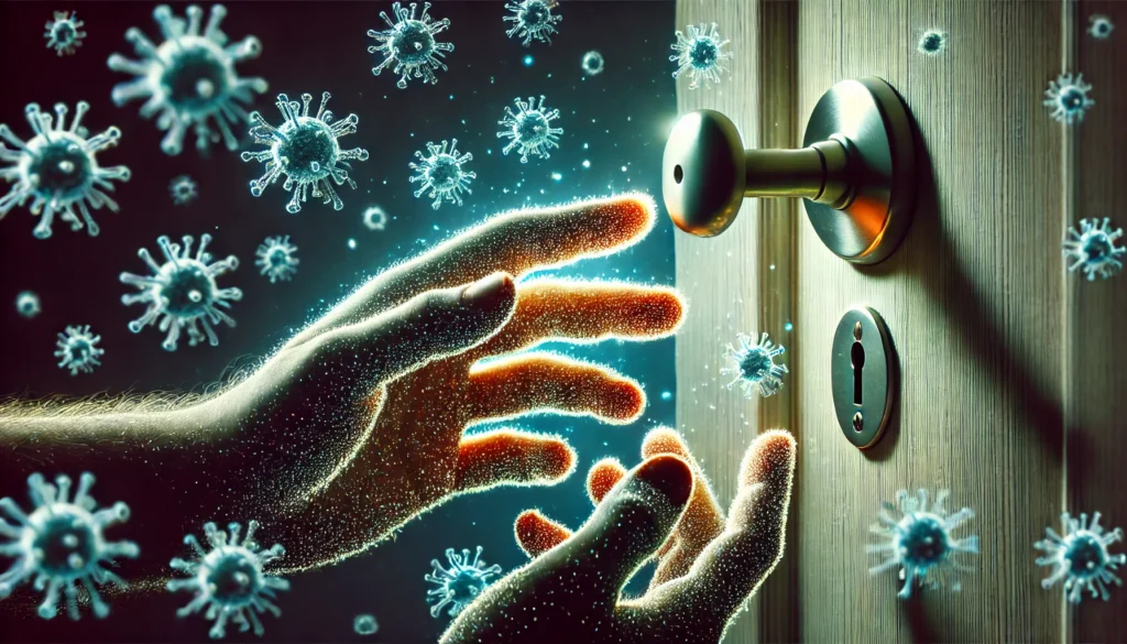 A conceptual illustration of illness transmission via contaminated surfaces. The image shows hands touching a doorknob covered in glowing germs, symbolizing the risk of pathogen spread through commonly shared objects.