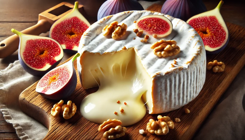 A close-up of a wheel of camembert cheese with a creamy, gooey center oozing out, placed on a wooden board with fresh figs and walnuts, creating a rich and appetizing gourmet scene.