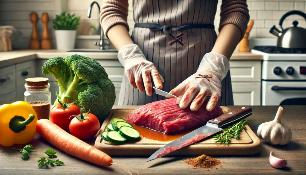 A kitchen countertop with raw meat and unwashed vegetables placed together, showing visible contamination. A knife and cutting board highlight improper food handling, emphasizing the risks of foodborne illness due to poor hygiene practices.