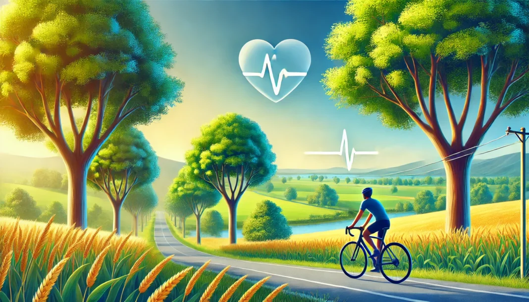 A person cycling along a scenic countryside road surrounded by trees and open fields. The vibrant environment represents the heart-healthy benefits of cycling in lowering cholesterol and improving cardiovascular fitness.