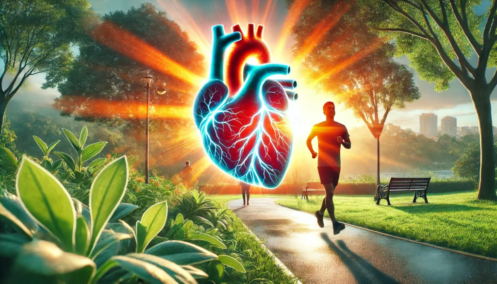 A person jogging in a park at sunrise, surrounded by lush greenery, with an overlay of a glowing human heart symbolizing improved cardiovascular health, highlighting the benefits of exercise in preventing heart disease.
