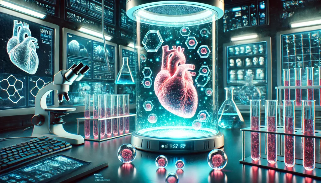 A high-tech cardiovascular regeneration lab where scientists use stem cells to grow heart tissue, with bioluminescent cells forming a glowing heart in an advanced incubator, symbolizing breakthroughs in heart disease treatment.