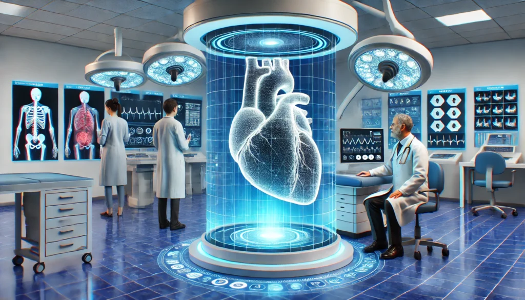 A high-tech cardiovascular diagnostics center where AI-powered imaging devices scan a patient's heart, and doctors analyze 3D holographic heart models for treatment planning.