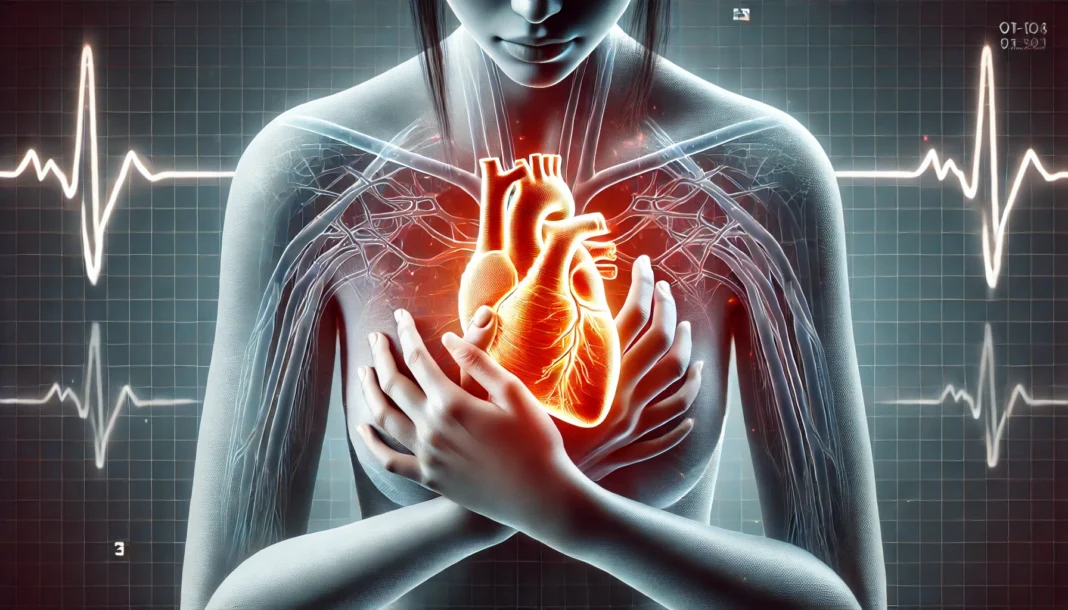 A digital illustration of a person clutching their chest in pain, with a semi-transparent overlay showing an anatomical heart beneath their hands. A glowing effect highlights distress, symbolizing common warning signs of heart problems.