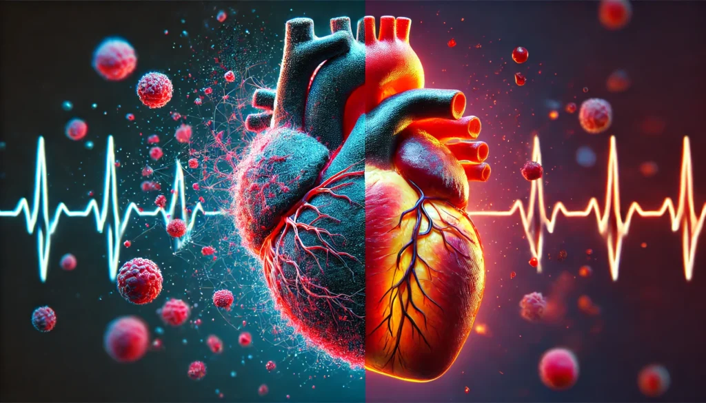 A conceptual side-by-side comparison of a healthy heart and an unhealthy heart. The healthy heart appears strong and vibrant, while the unhealthy heart shows blockages and darkened areas, visually demonstrating the difference between good and poor cardiovascular health.
