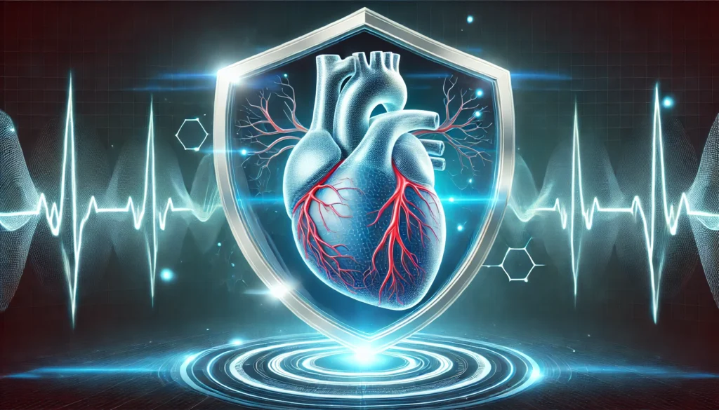 A futuristic medical visualization of a heart enclosed in a glowing shield, symbolizing cardiovascular protection. Luminescent arteries and veins highlight circulation, with a blue energy-wave background representing vitality.