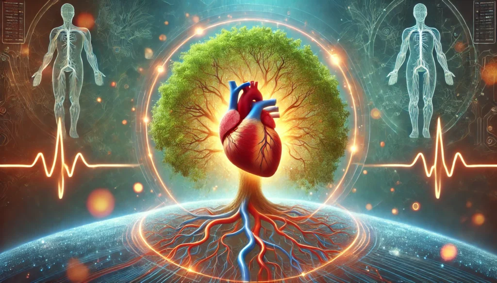 A conceptual digital illustration of a human heart merging with a glowing tree, symbolizing natural healing and heart disease reversal. The tree’s roots extend into arteries, showing a transformation from blocked to healthy blood flow.