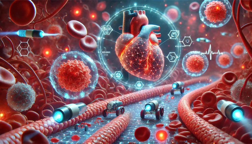 A futuristic visualization of cardiovascular drug delivery, featuring microscopic nano-bots and smart drug carriers traveling through glowing blood vessels. The scene highlights advanced biomedical technology, illustrating how precision medicine targets damaged heart tissues to enhance cardiovascular health.