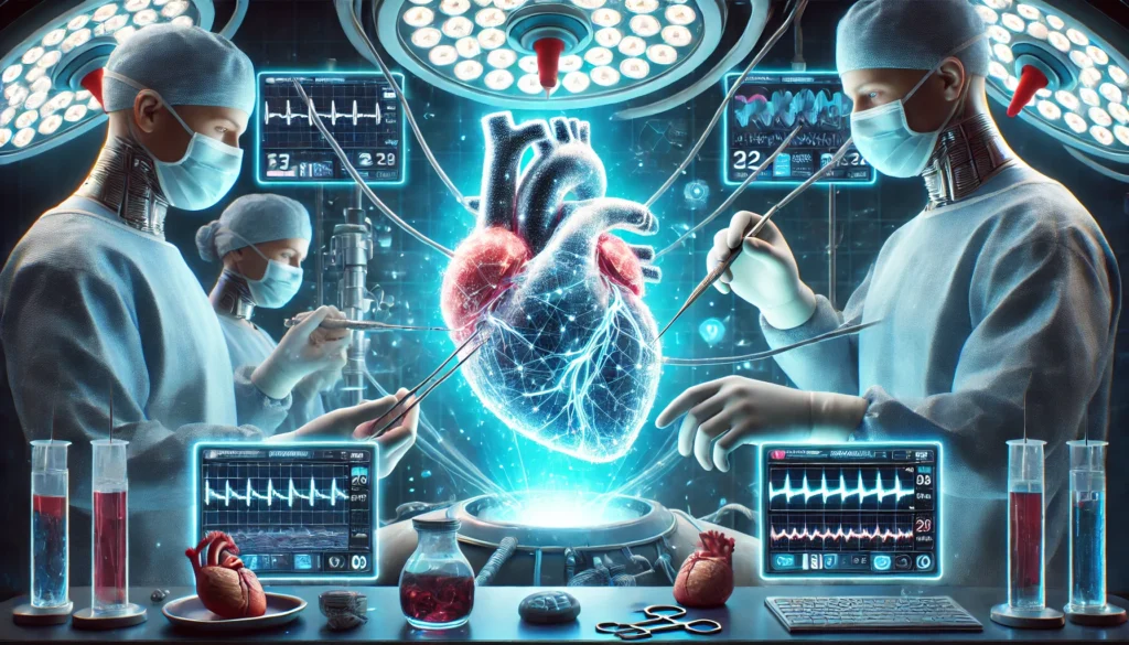 A futuristic heart transplant procedure using bioengineered artificial hearts, with surgeons implanting a glowing synthetic heart in a high-tech operating room.