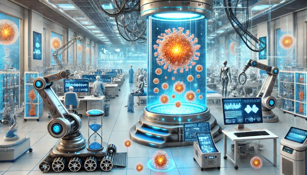 A visionary medical setting with robotic arms, AI-driven diagnostic screens, and microscopic nanobots repairing cells in real-time, emphasizing the advanced nature of the treatment.