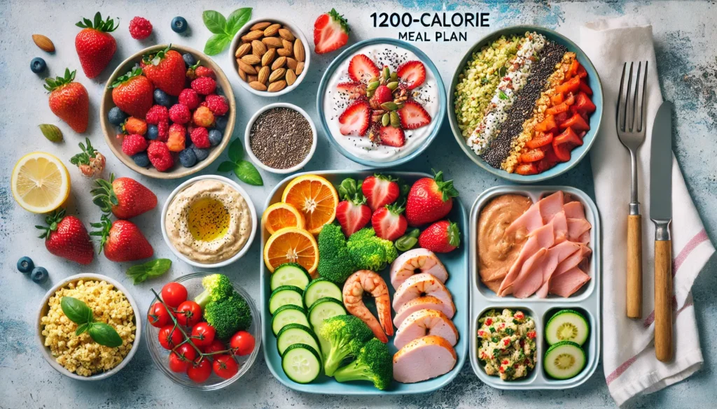 A vibrant and colorful 1200-calorie meal plan layout with Greek yogurt, strawberries, and chia seeds for breakfast; grilled shrimp, quinoa, and steamed broccoli for lunch; an afternoon snack of hummus with bell pepper slices; and a dinner plate with lean turkey, roasted zucchini, and sweet potato mash.