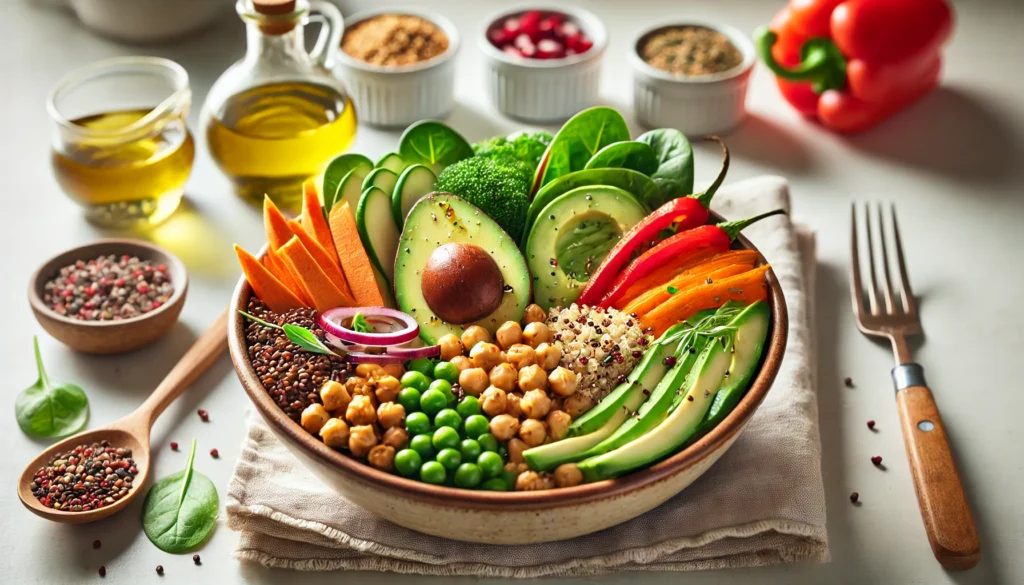 A heart-healthy plant-based bowl filled with quinoa, chickpeas, leafy greens, roasted sweet potatoes, sliced avocados, and red bell peppers, placed in a modern kitchen with soft natural lighting.