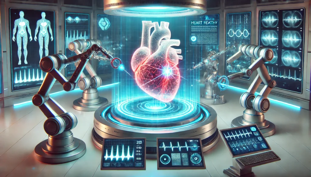 A high-tech medical scene featuring a glowing digital heart being repaired by robotic arms and laser technology in a sleek, futuristic medical lab with holographic heart health data.