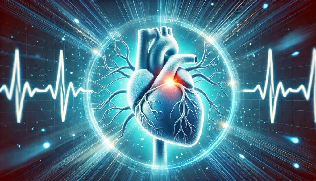 A symbolic illustration of a human heart undergoing treatment for coronary artery disease. Arteries are being cleared with a glowing blue effect, representing medical intervention like angioplasty. A heartbeat line in the background signifies improved health and longevity.
