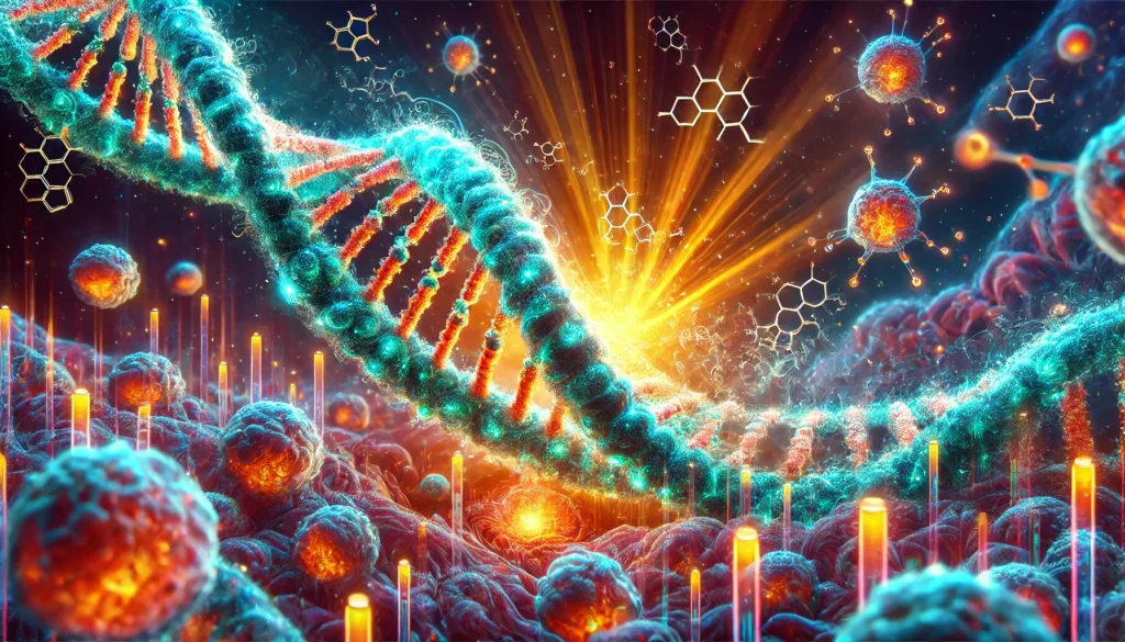 A close-up artistic representation of gene therapy, featuring a glowing DNA strand being repaired with molecular structures in a detailed cellular environment. The image symbolizes biotechnology, genetic engineering, and advancements in precision medicine.