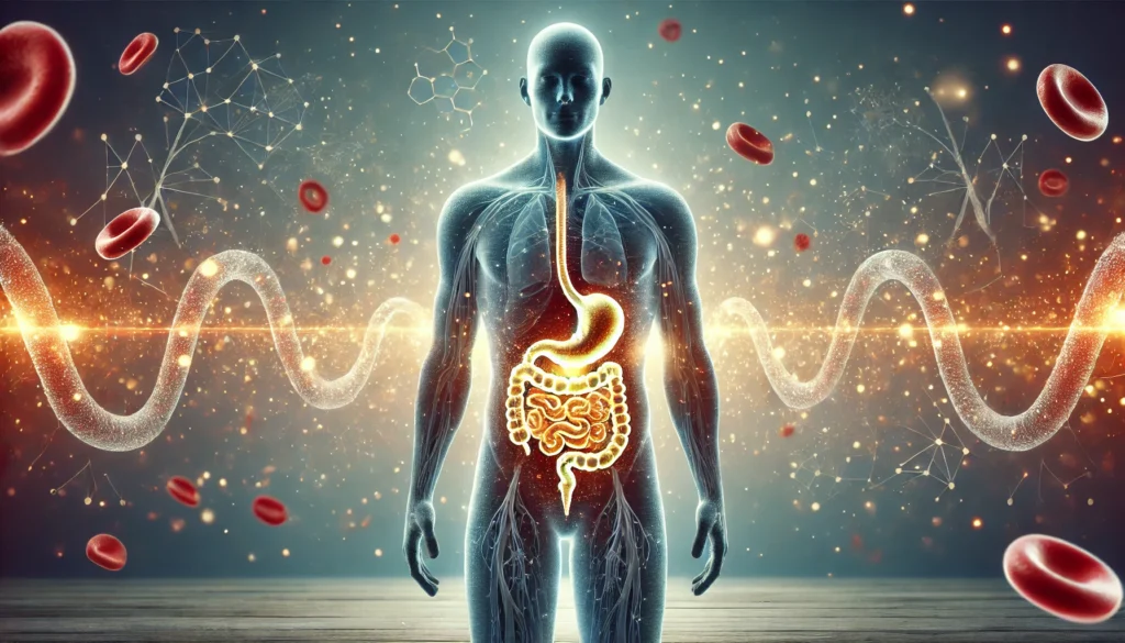 A human silhouette with a highlighted digestive system detoxifying, emitting glowing particles symbolizing cholesterol reduction. The background features a clean, healthy bloodstream, representing the positive impact of fasting on overall health.