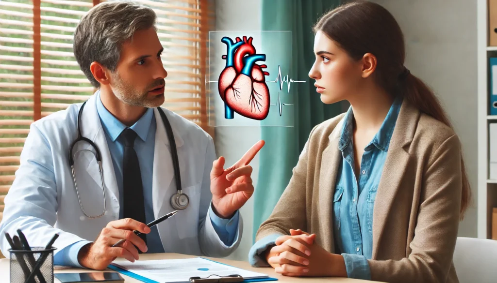 A doctor explaining heart health risks to a concerned middle-aged woman in a medical office. The doctor gestures towards a heart diagram, symbolizing awareness of cardiovascular issues in females.