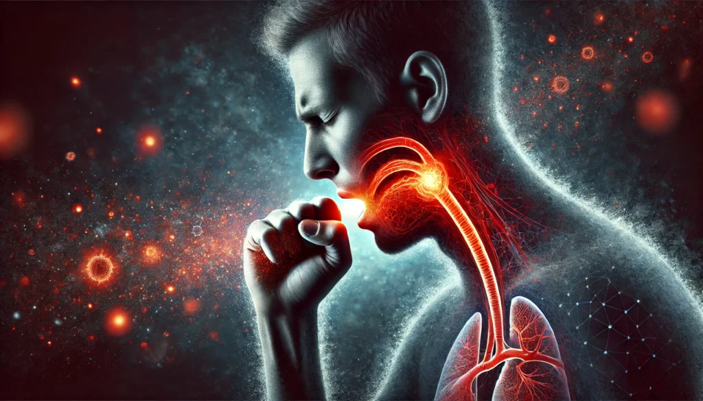 A conceptual image depicting a person coughing into their elbow with a glowing red throat, set against a dark misty background representing airborne particles, visually symbolizing dry cough and throat irritation as COVID symptoms.