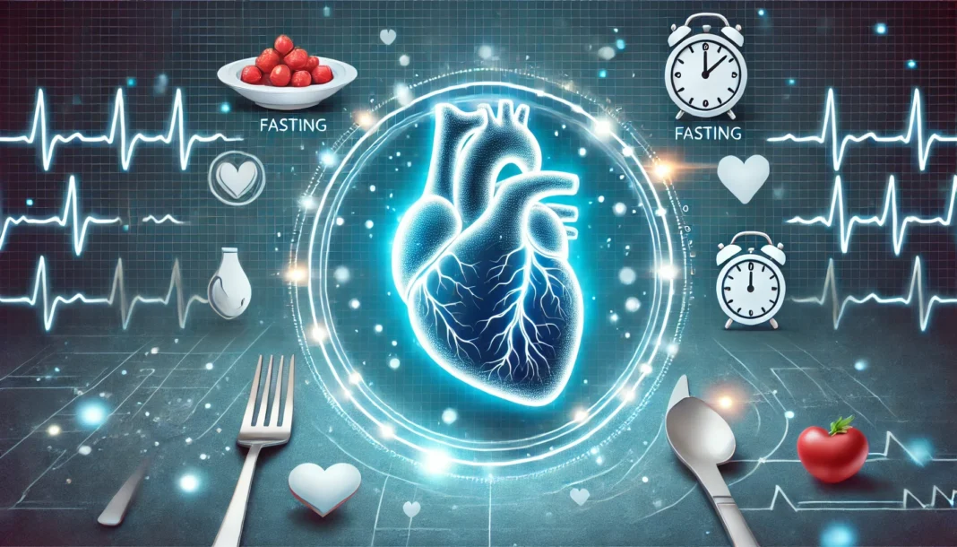 A glowing human heart with a clean and vibrant circulatory system, surrounded by fasting symbols like an empty plate and a clock. The image represents the benefits of fasting for lowering cholesterol and improving cardiovascular health.