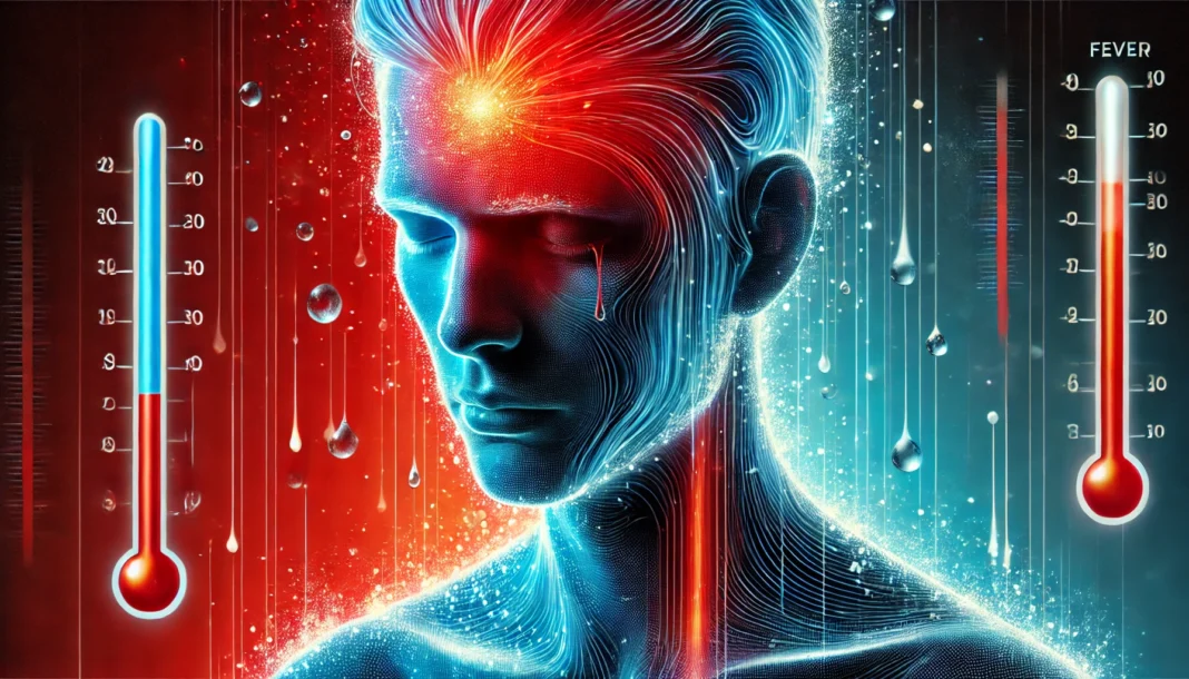 A conceptual digital illustration of fever and chills, featuring a person with a glowing red forehead, sweating and shivering. Blue and red tones highlight temperature fluctuations, symbolizing common COVID symptoms.