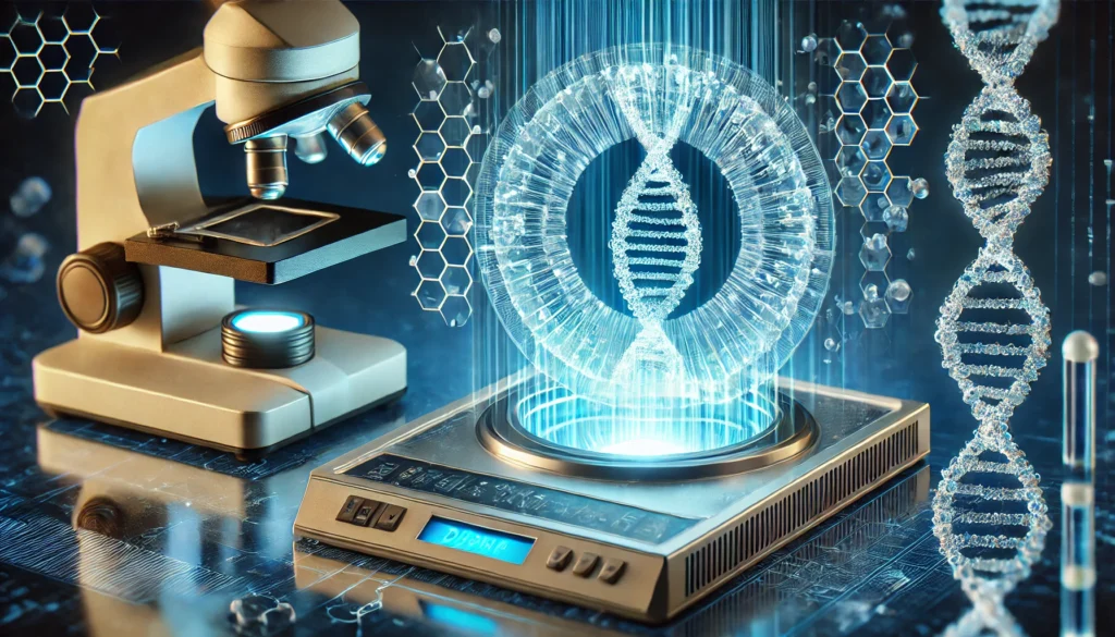 A conceptual image of gene therapy, showcasing a futuristic biological scanner analyzing a DNA strand for genetic modifications. The scanner emits a soft blue glow, highlighting intricate molecular structures in a high-tech research facility.