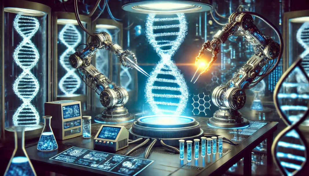 A futuristic depiction of gene therapy, showcasing a glowing DNA strand being carefully manipulated by robotic arms in a high-tech laboratory. The scene is illuminated with blue bioluminescent light, symbolizing advanced genetic engineering.