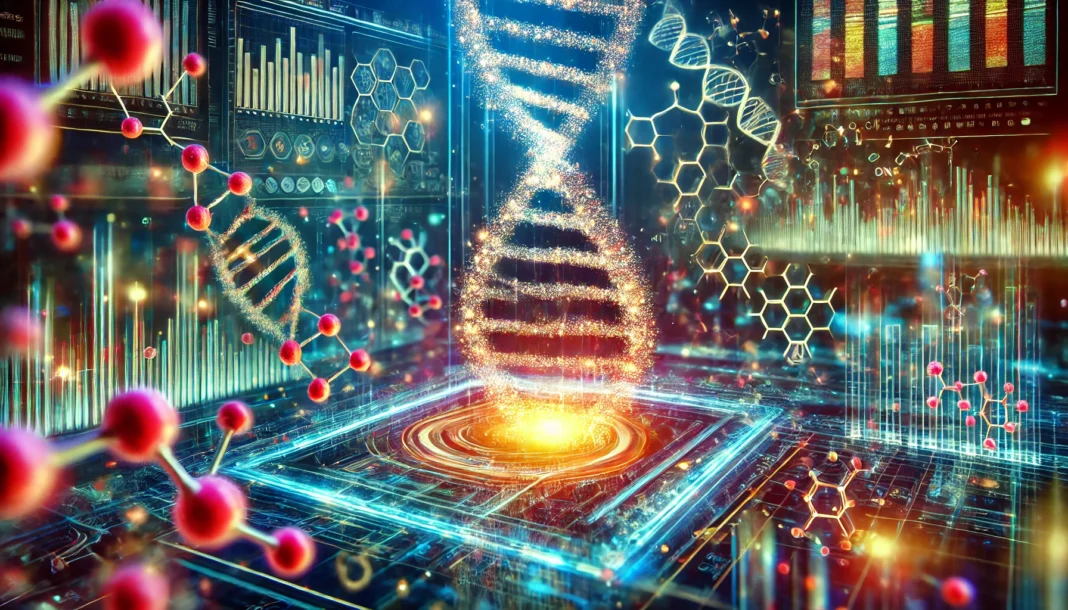 A glowing DNA strand with highlighted mutations in a high-tech laboratory environment. Holographic genetic data and molecular structures float in the background, symbolizing advancements in precision medicine and genetic engineering.