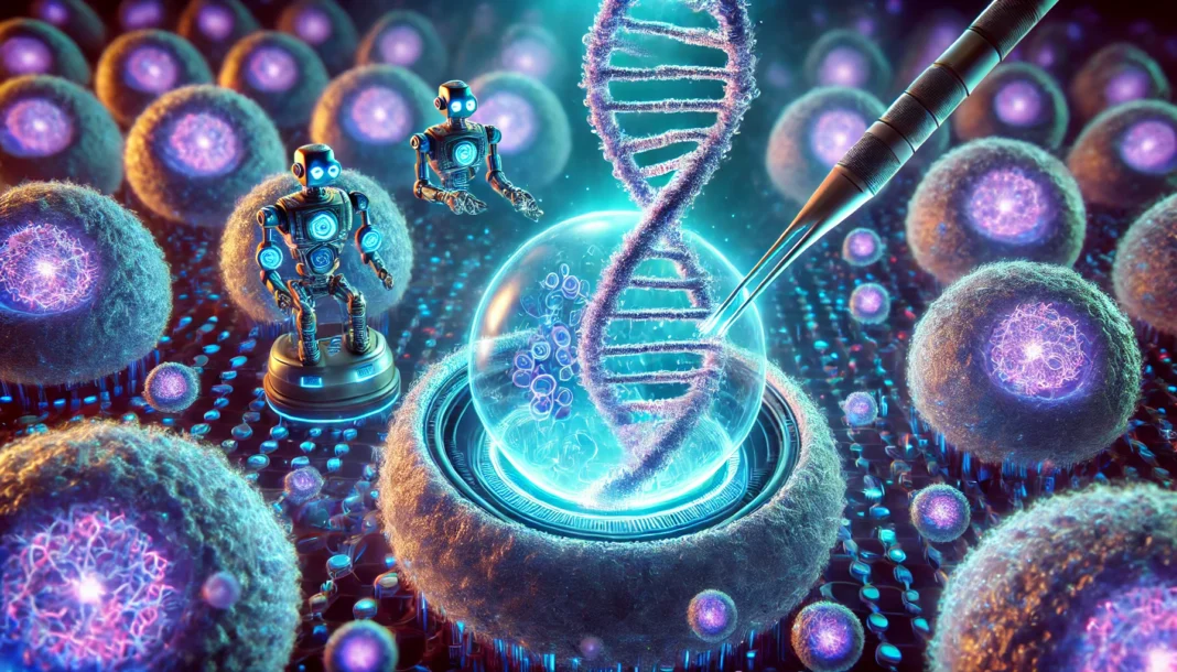 A high-tech visualization of gene therapy, showing a glowing DNA helix being modified by robotic nanotechnology inside a microscopic human cell environment. The scene is illuminated with blue and purple futuristic lighting, symbolizing precision medicine and genetic engineering.