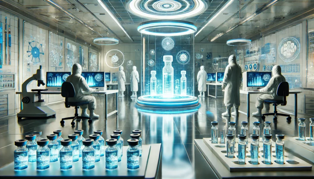 A high-tech laboratory where scientists in protective suits research and develop new vaccines. The scene features glowing vials of vaccine doses, advanced medical equipment, and a sterile environment symbolizing innovation in immunology.