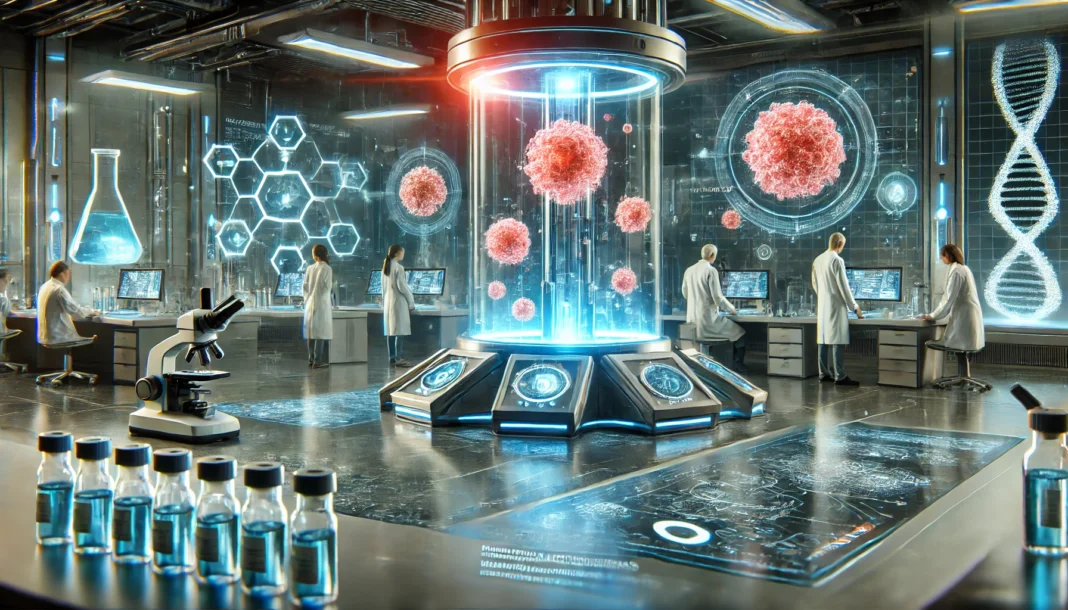 A high-tech laboratory where scientists research advanced cancer treatments. The scene features glowing vials of experimental medicine, holographic tumor cell projections, and cutting-edge equipment, symbolizing oncology breakthroughs.