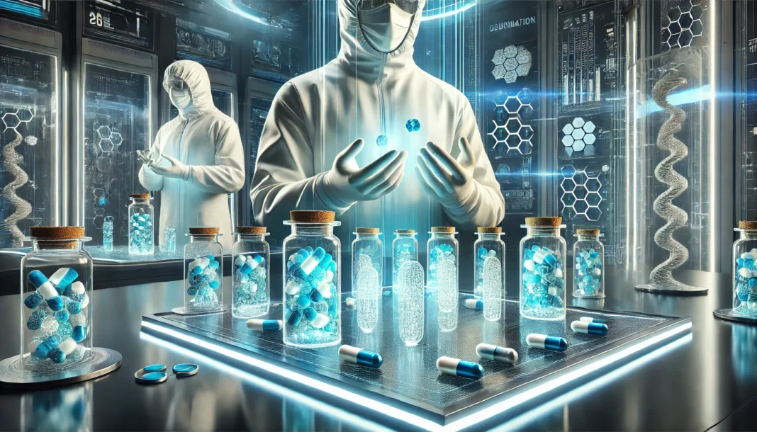 A cutting-edge laboratory where scientists in sterile white suits examine innovative medications. Transparent pill containers with glowing, high-tech medicine are displayed on a sleek, modern table, symbolizing pharmaceutical advancements.