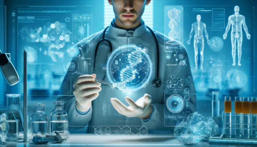 A futuristic medical laboratory featuring a scientist in a sterile lab coat holding a holographic DNA strand, surrounded by high-tech digital interfaces displaying molecular structures and genetic data.